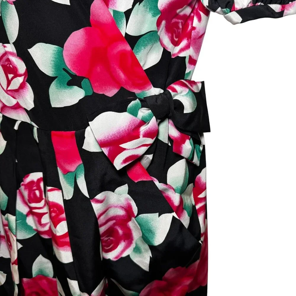 Vintage Nipon Boutique Silk Dress 8 Black Airbrushed‎ Roses Side Bow Wrap Look